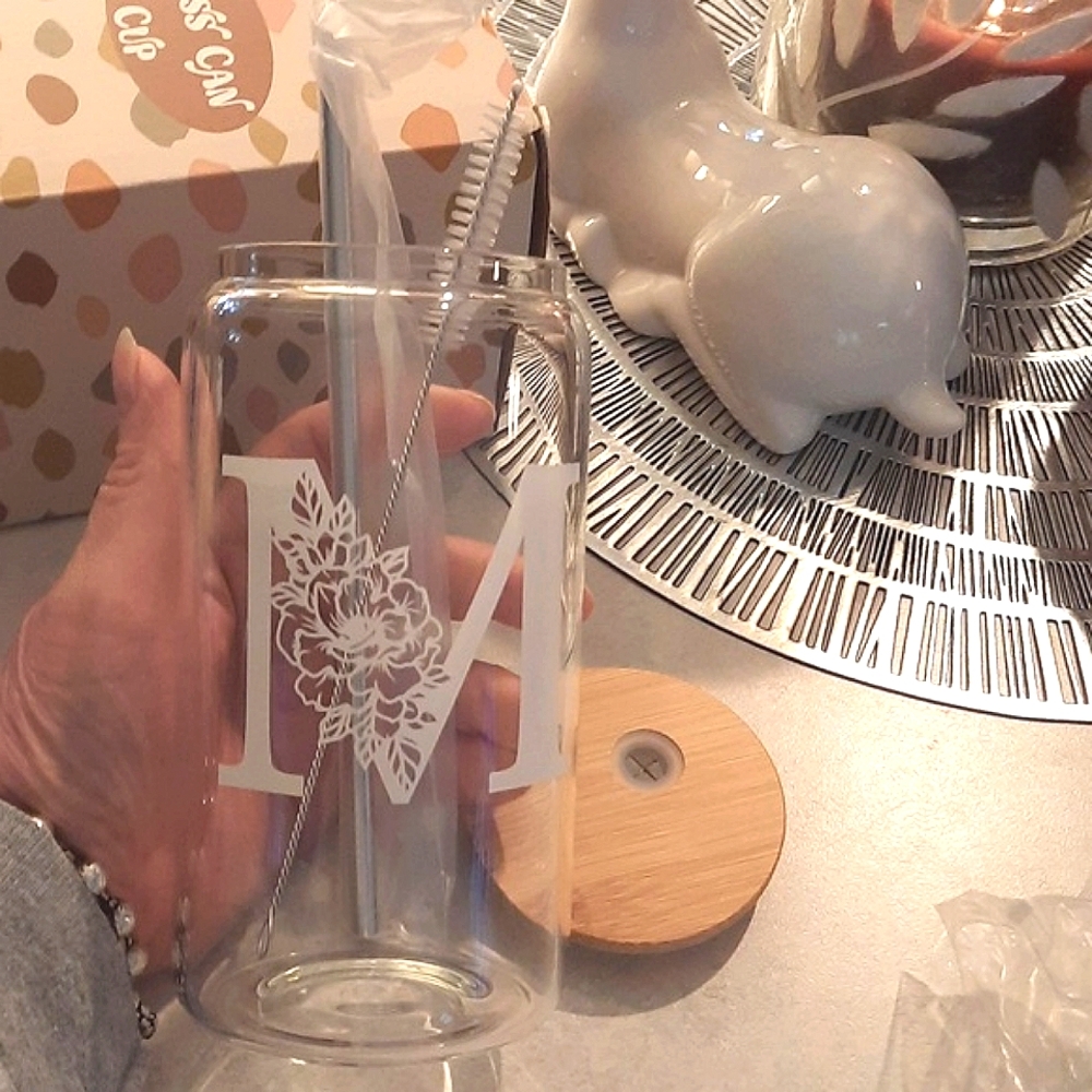 GLASS CAN CUP "M" monogram NIB